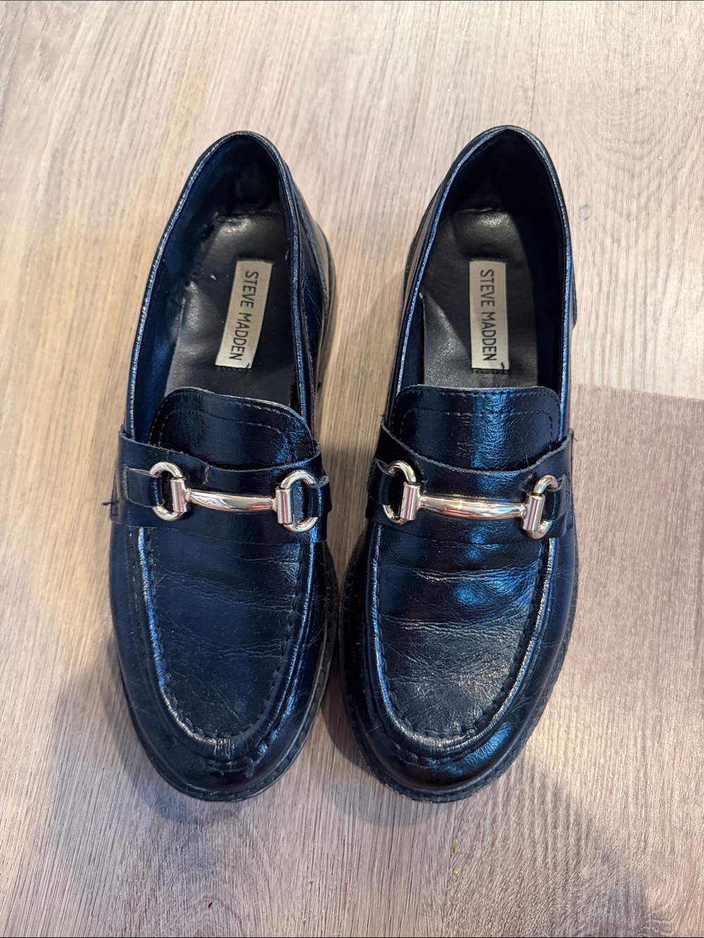 Steve Madden Black Leather Loafers with Gold Bit